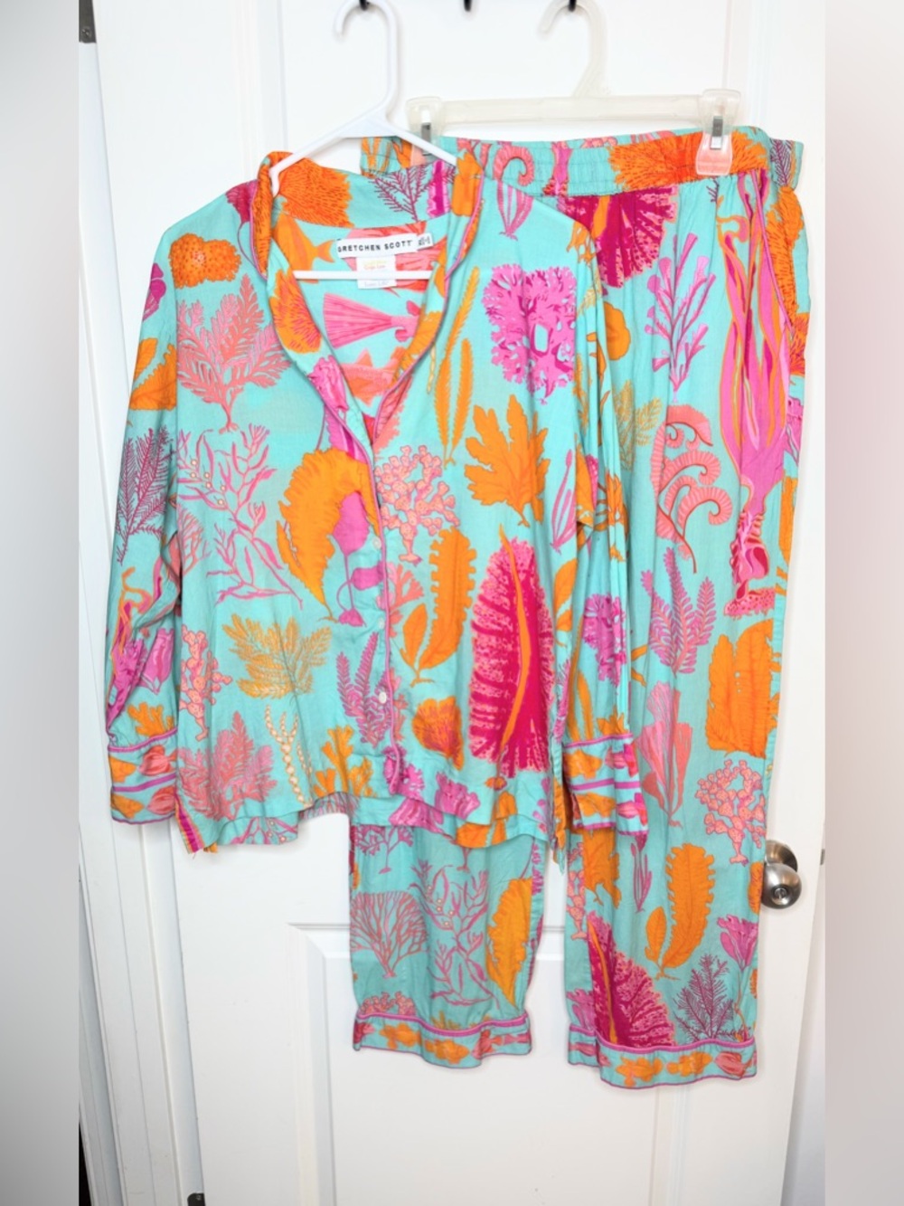 Gretchen Scott 2 Pc Set XL Aqua Pink Orange Coastal Print Top Pants Resort - Picture 2 of 11